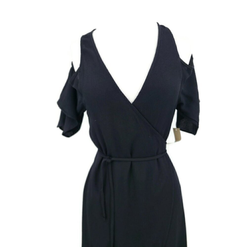 New Flynn Skye Devon Dress Womens XS Solid Black Wrap Cold Shoulder - Picture 4 of 9